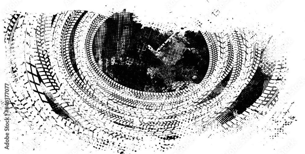 Aufkleber Vector Print Textured Tire Track banner. Design Element . Car tread silhouette . Mud splash grunge texture. Drift show