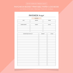 Paycheck Budget Printable | Paycheck Budget Log Book | Notebook Printable Template 