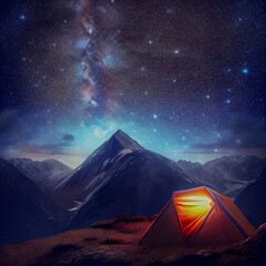 tent in the mountains with milky way generative ai illustration