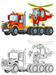 Obraz na płótnie Canvas happy cartoon tow truck driver with helicopter