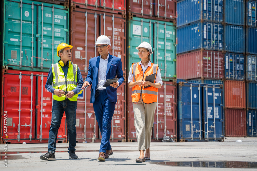 Poster Worker and businessman checking containers data for export and import,Container loading Cargo freight ship.