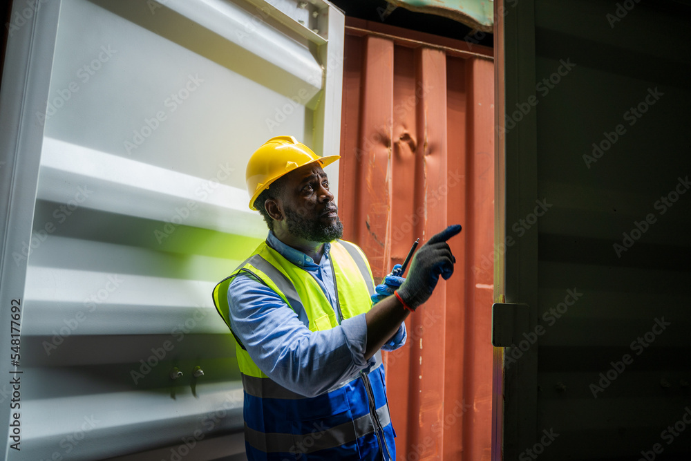 Poster Foreman checking loading Containers box for Cargo freight ship for import export,Foreman inspect Industrial Container Cargo.