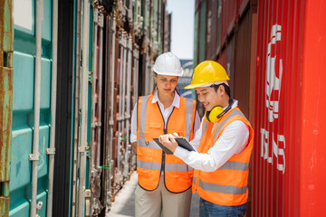 Engineer and worker checking containers data for export and import,Container loading Cargo freight ship.