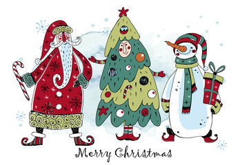 Christmas card with funny Nordic gnomes with gifts. Doodle style. Vector.