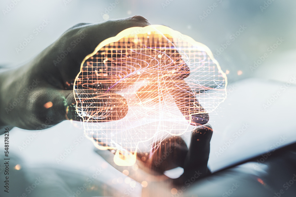 Poster double exposure of creative artificial intelligence symbol with finger clicks on a digital tablet on