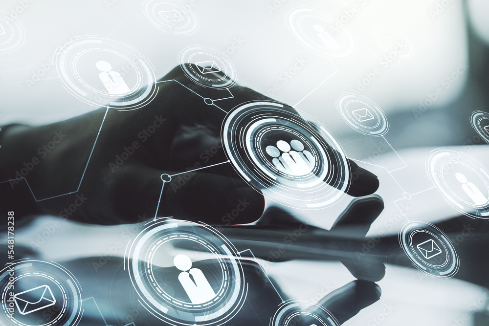 Poster double exposure of social network icons concept and hand working with a digital tablet on background