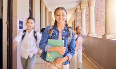 School, hallway and portrait of girl with smile, books and backpack for future learning. Education, happiness and knowledge, happy young student outside classroom with kids running to class in USA.