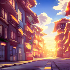 Fototapeta premium アニメの世界観のような町の風景イラスト
