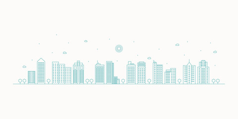 Cityscape. Modern flat line landscape vector. City landscape line art illustration with building, tower, skyscrapers. Vector illustration.