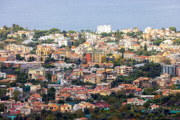 Fototapeta na wymiar Aerial View of Touristic Town, Sorrento, Italy. Coast of Tyrrhenian Sea.