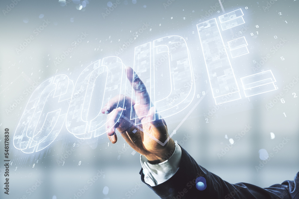 Poster man hand clicks on code word hologram on blurred office background, artificial intelligence and neur