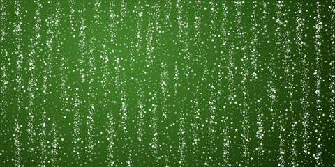 Snowfall overlay christmas background. Subtle flying snow flakes and stars on christmas green background. Festive snowfall overlay. Wide vector illustration.