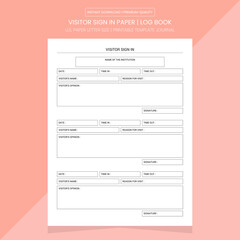 Visitor Sign In Log Book | Visitor Sign In Diary Journal | Notebook Printable Template