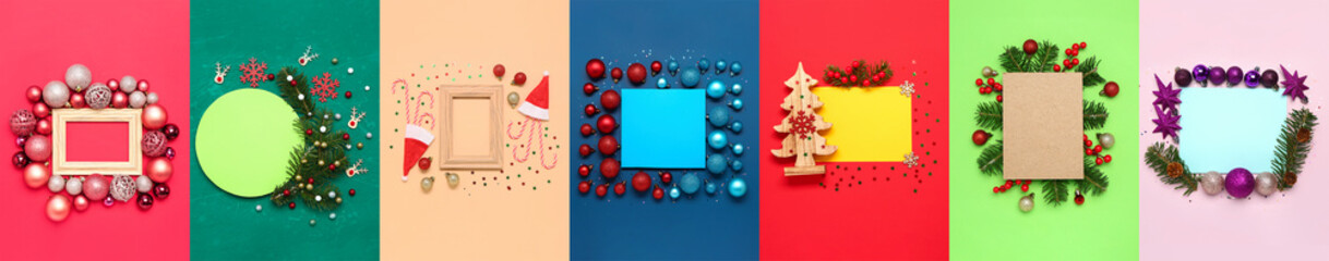 Collage with beautiful Christmas compositions on colorful background, top view