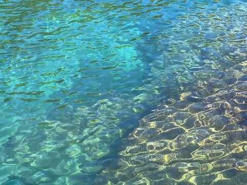 Reef in blue sea with transparent azure water surface.