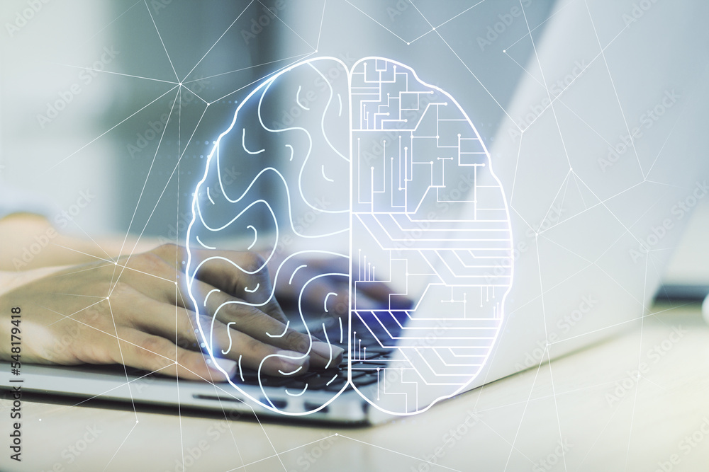 Poster double exposure of creative artificial intelligence symbol with hands typing on laptop on background