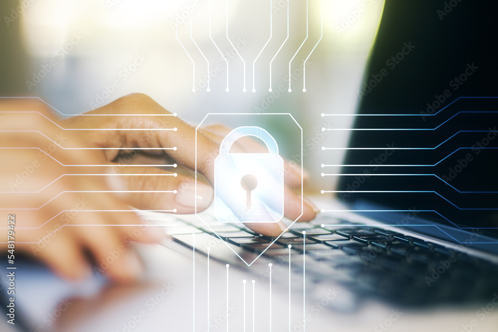 Poster creative lock sketch with chip hologram and hands typing on computer keyboard on background, protect