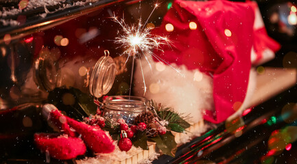 Christmas sparkler, decor and Santa hat on piano keys, closeup