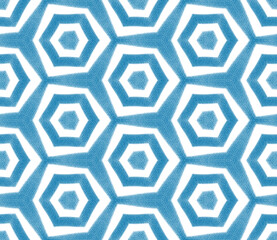 Tiled watercolor pattern. Blue symmetrical kaleidoscope background. Textile ready dazzling print, swimwear fabric, wallpaper, wrapping. Hand painted tiled watercolor seamless.