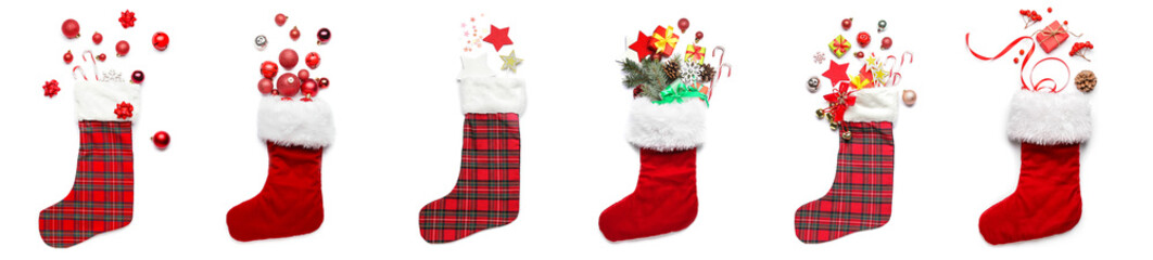 Collection of Christmas socks with gifts and decorations on white background