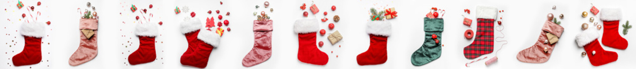 Collage of Christmas socks with gifts and decorations on white background