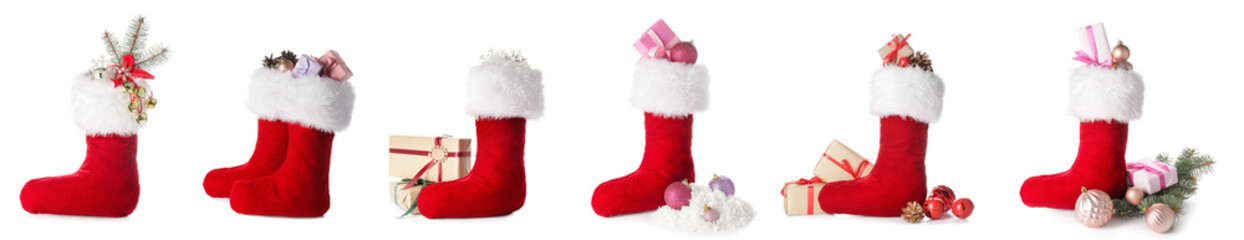 Group of Christmas socks with gifts and decorations on white background