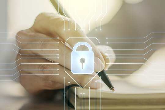 Creative lock illustration with microcircuit and woman hand writing in diary on background, cyber security concept. Multiexposure