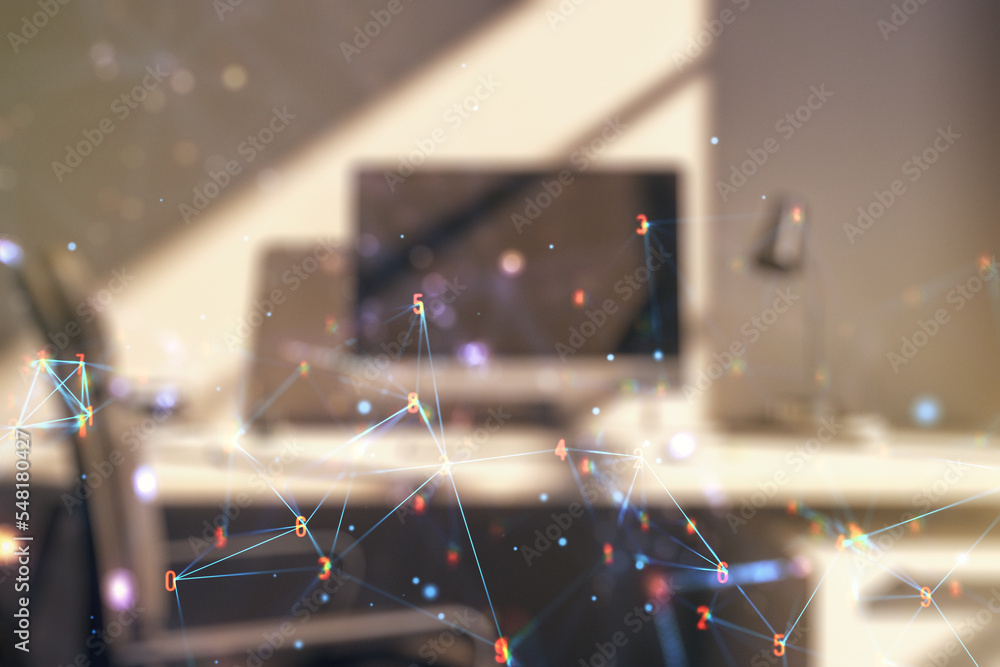 Poster double exposure of technology hologram and modern desktop with laptop on background. research and de