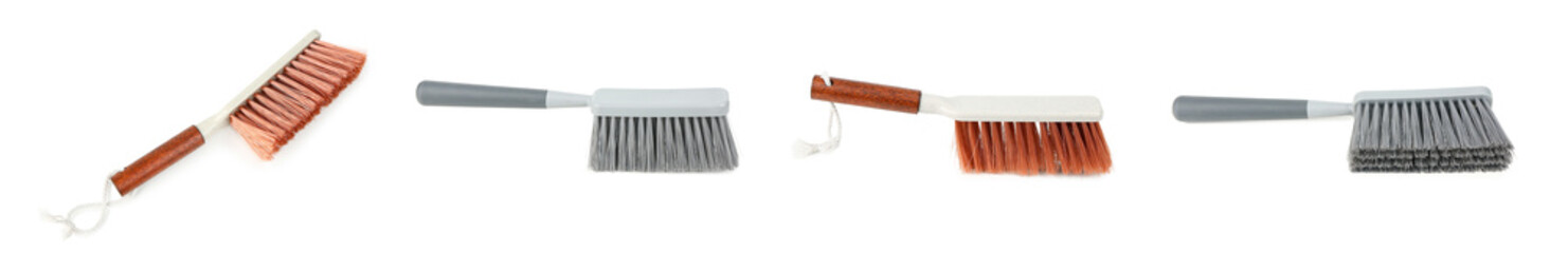 Collage of dust brushes on white background