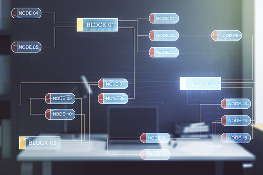 Multi exposure of abstract graphic coding sketch and modern desktop with pc on background, big data and networking concept