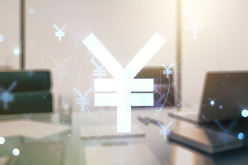 Creative concept of Japanese Yen symbol illustration and modern desktop with computer on background. Trading and currency concept. Multiexposure