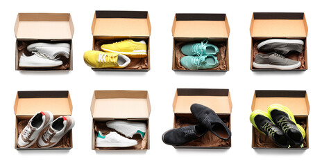 Set of cardboard boxes with stylish shoes isolated on white, top view