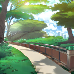 アニメの背景のような緑あふれるきれいな公園のイラスト