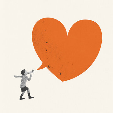 Naklejki Contemporary art collage. Creative design. Little boy, child shouting in megaphone about love and feelings. Pure emotions
