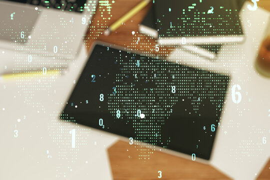 Multi exposure of abstract programming language hologram with world map and modern digital tablet on background, artificial intelligence and neural networks concept