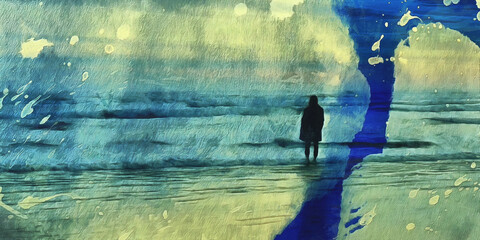 Girl in black on the seashore, layers of paint, artistic work