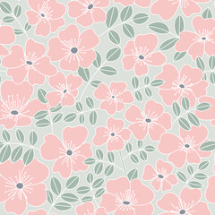 Wild rose floral doodle seamless pattern. Cute neutral summer blooming petals on delicate background. Gentle elegant romantic rosehip flower print for fabric or wrapping paper.