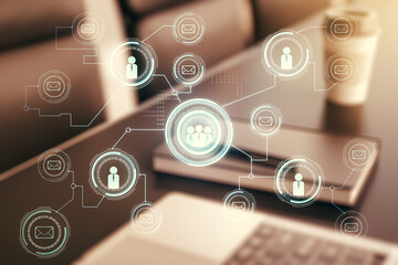 Fototapeta premium Social network media concept with modern computer on background. Double exposure
