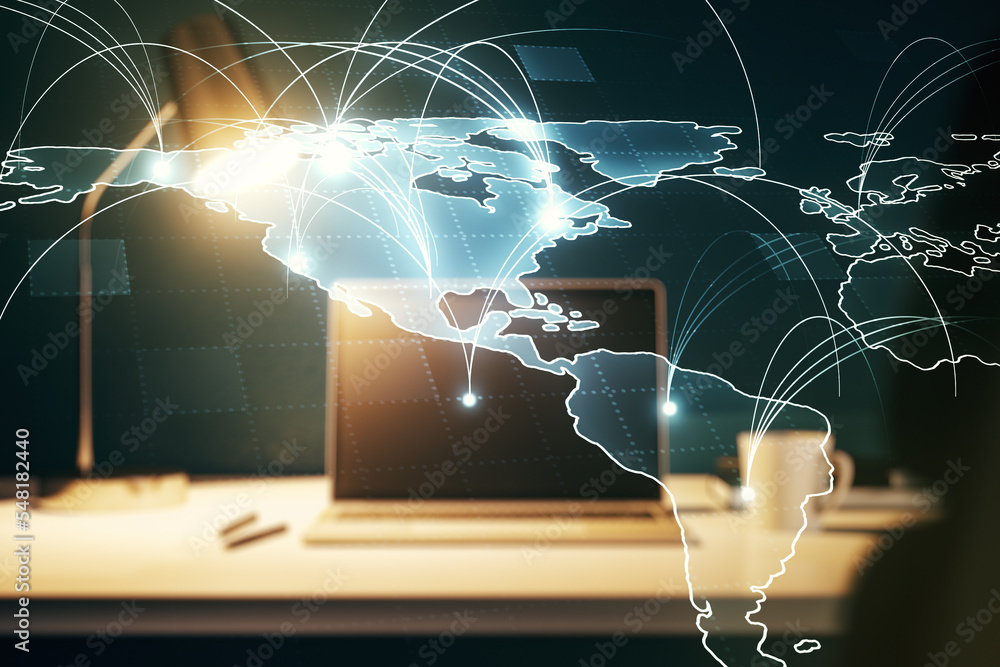 Poster double exposure of abstract digital world map with connections on computer background, big data and 