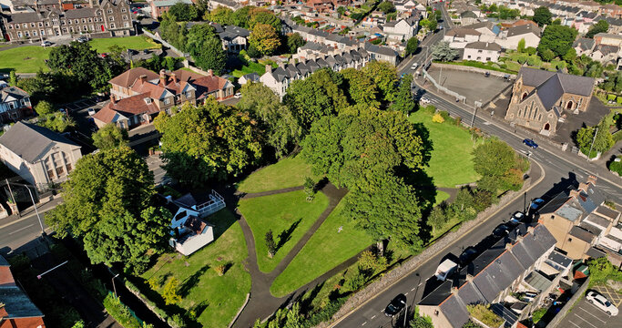 Aerial photo of Larne town park and sports pitches Chaine Park in Larne Co Antrim Northern Ireland