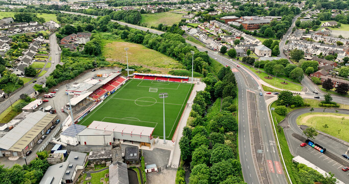 Aerial photo of 3G Stadium pitch at Larne FC Club Co Antrim Northern Ireland 12-12-22
