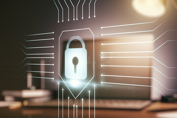Creative light lock illustration with microcircuit on modern computer background, cyber security...