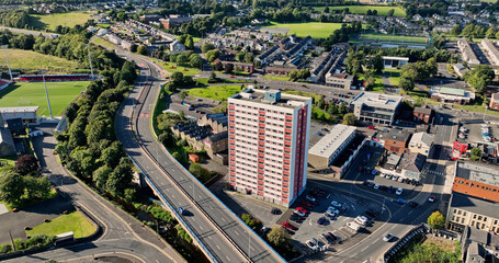 Aerial photo of Latharna House high rise flat in Larne Co Antrim Northern Ireland