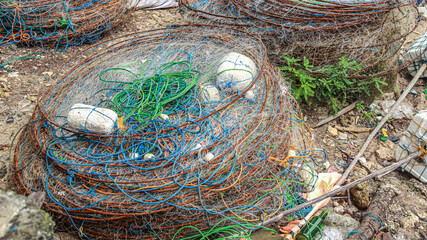 Pile of fishing nets. Lobster net