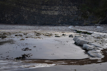Rock formations on a British beach showing changing coastline and erosion 