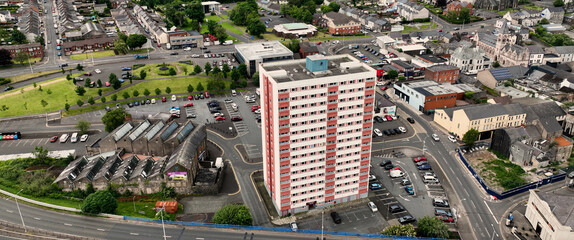 Aerial photo of Latharna House high rise flat in Larne Co Antrim Northern Ireland