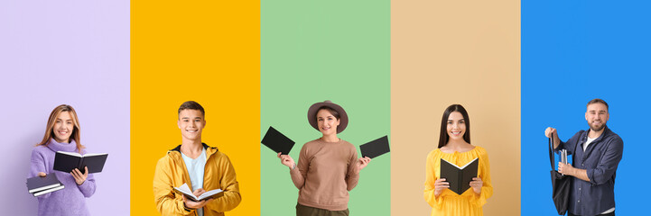 Set of people with books on colorful background