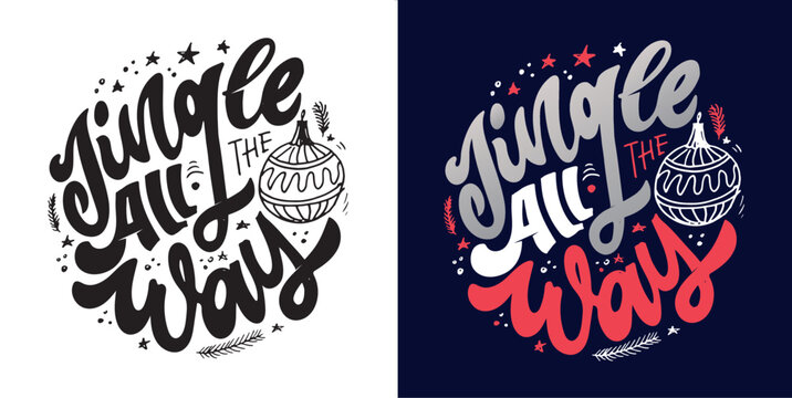 Happy winter holidays postcard. Merry Christmas and happy new year lettering. Holly jolly. Merry and bright.