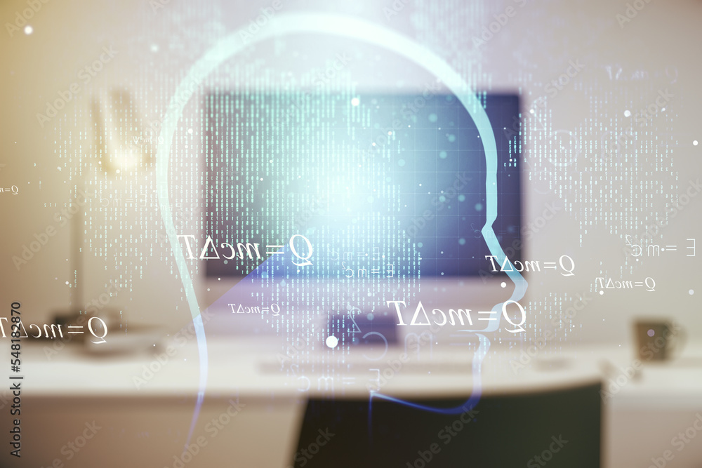 Aufkleber Creative artificial Intelligence concept with human head sketch on modern computer background. Double exposure