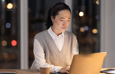 Overtime, email and business woman on a laptop, typing and planning on the internet in a dark...